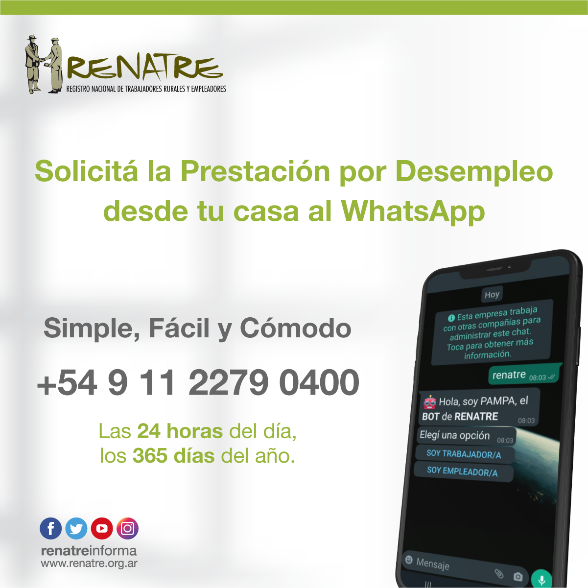 El RENATRE lanzó un servicio de WhatsApp para que los trabajadores rurales puedan solicitar la prestación por desempleo