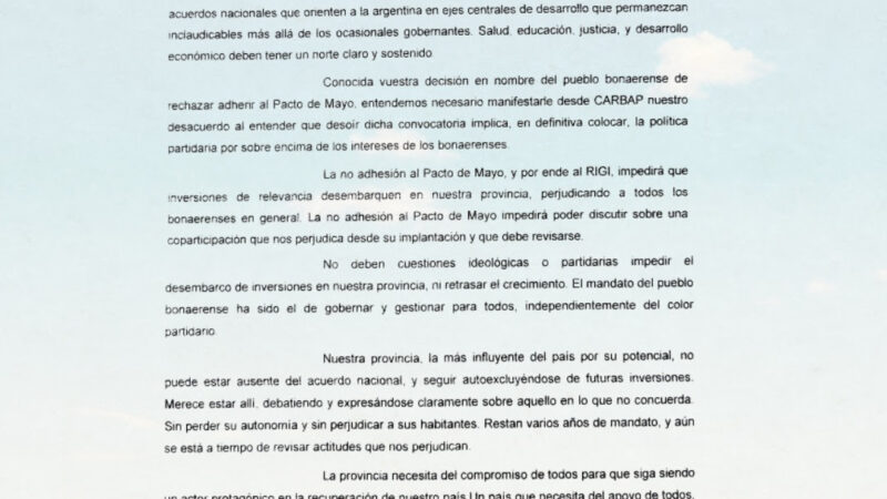 Carbap pidió a Ziliotto y Kicillof que no se «autoexcluyan» de las futuras  inversiones