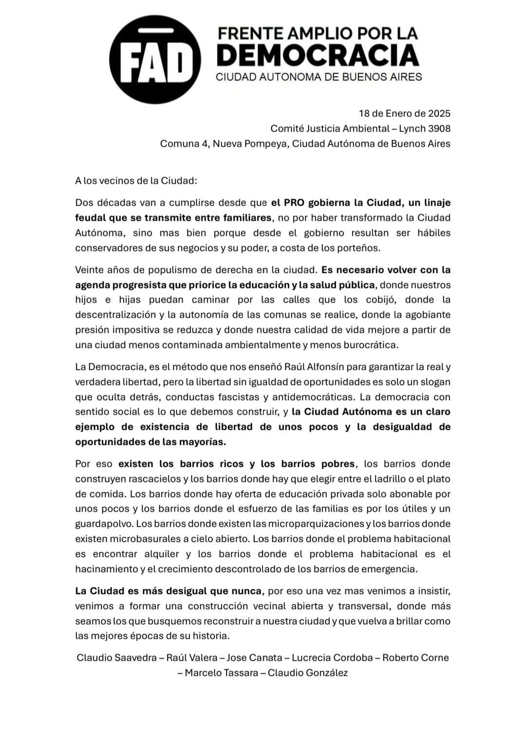 CABA: se creó el Frente Amplio por la Democracia