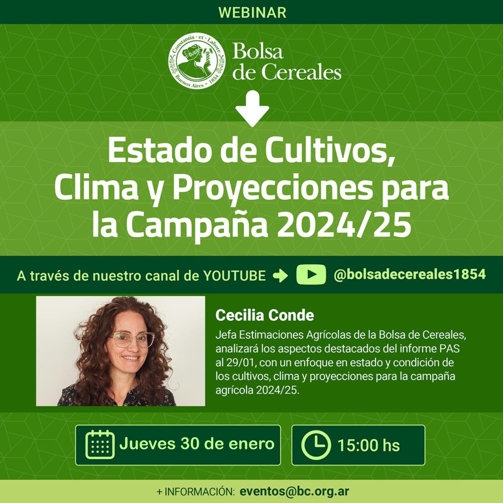 La Bolsa de Cereales organiza un Webinar sobre el estado de cultivos con la ingeniera Cecilia Conde