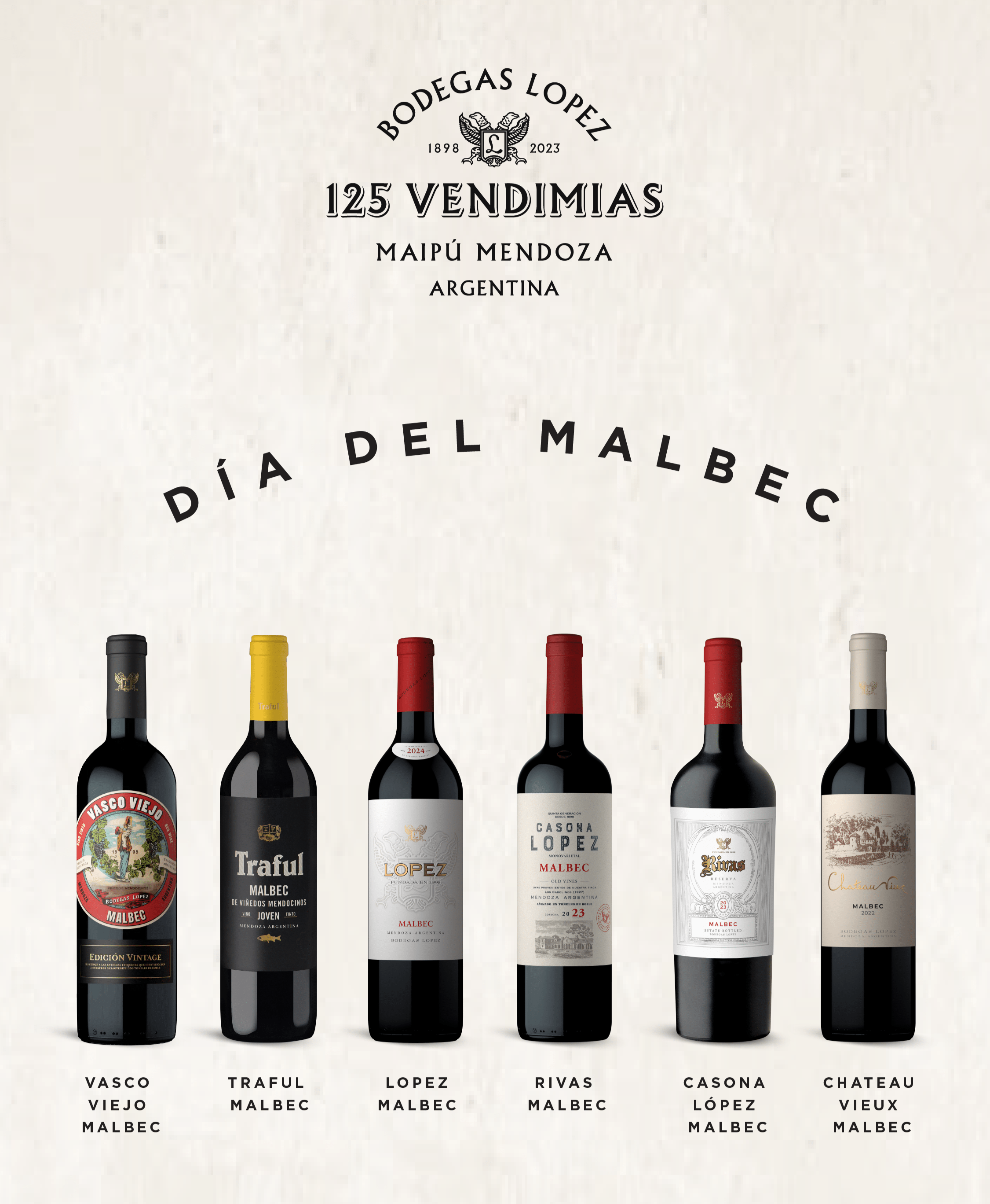 Bodegas López celebra el Dia Internacional del Malbec con Chateau Vieux, Rivas, Casona López, López, Traful y Vasco Viejo.