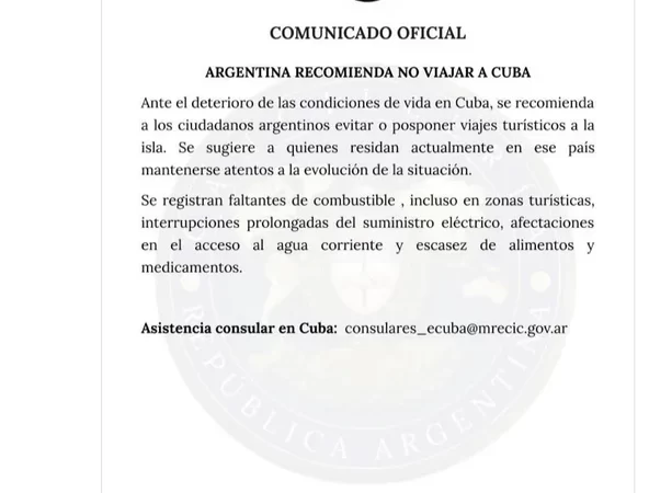 El Gobierno argentino recomienda no viajar a Cuba por la crisis en la isla