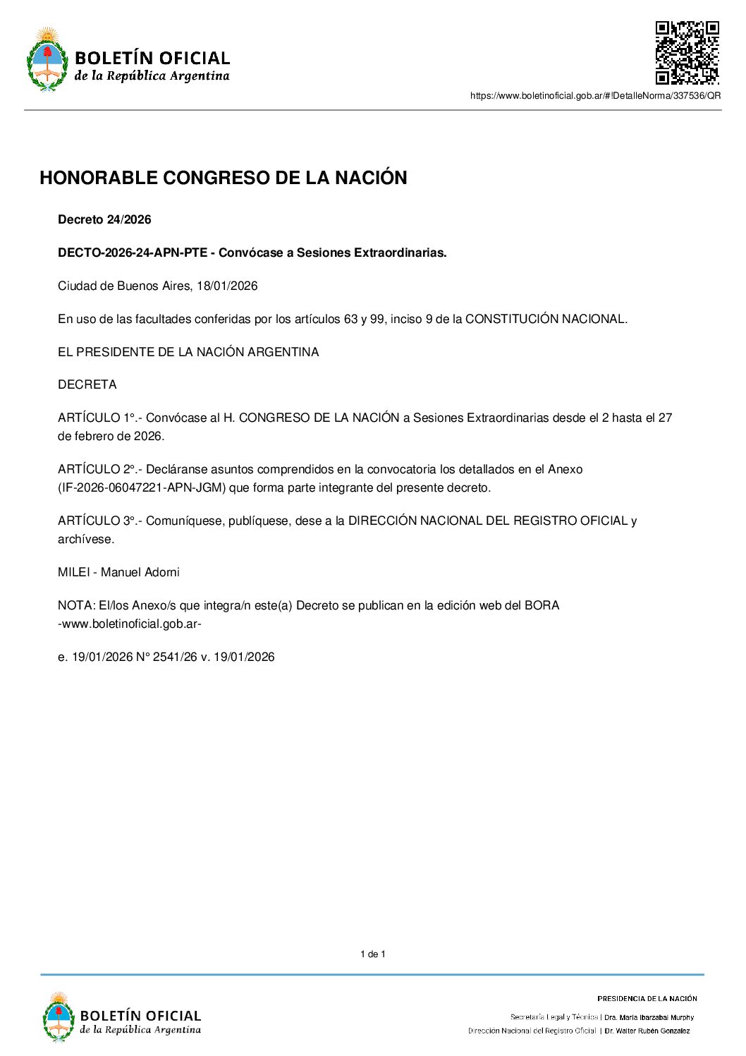 Milei convocó a extraordinarias: Reforma laboral y Acuerdo con la UE encabezan la agenda legislativa