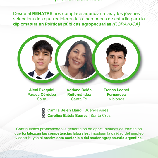 Convenio entre RENATRE, CRA y la UCA: Cinco jóvenes se especializarán en políticas del sector rural