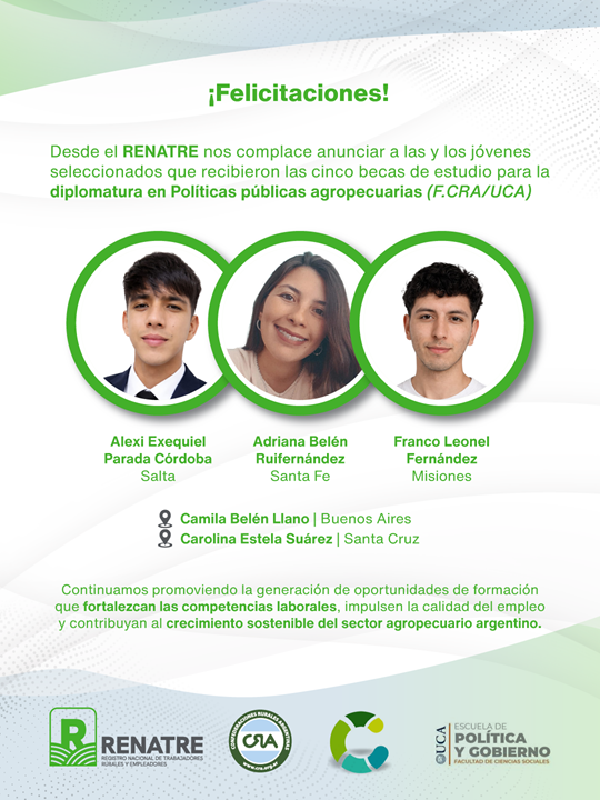 Convenio entre RENATRE, CRA y la UCA: Cinco jóvenes se especializarán en políticas del sector rural