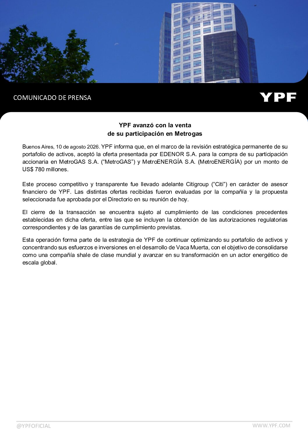 Venta estratégica: YPF acordó la salida de MetroGAS con EDENOR por US$ 780 millones